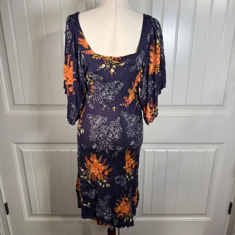 Maeve Anthropologie‎ Floral Midi Dress Womens Small Navy Blue Rayon Boho Flutter